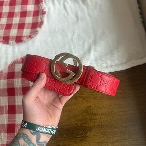 Gucci Signature Gold GG Guccismo Red Leather Monogram Mens Belt 32/34